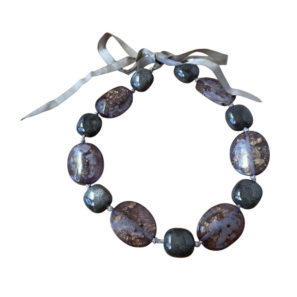 Vintage Purple & Gray Glass  Beaded Necklace With Ribbon Tie